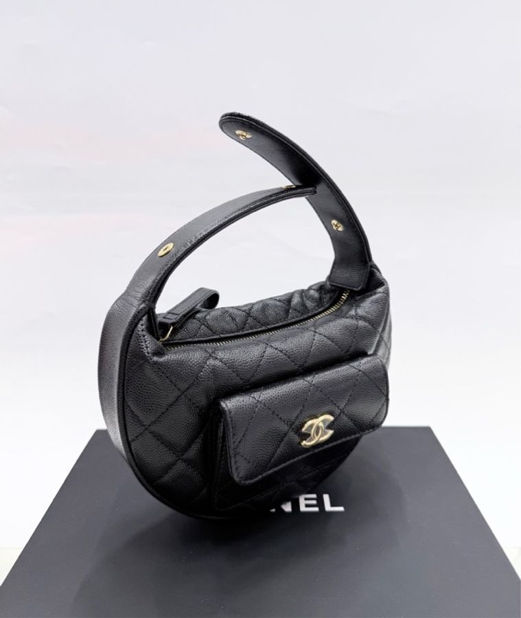 香奈兒 chanel  黑色菱格呼啦圈金扣無肩帶-2