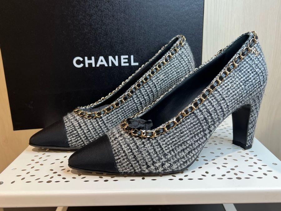 Chanel 全新 毛呢 皮穿鍊 氣質跟鞋-3