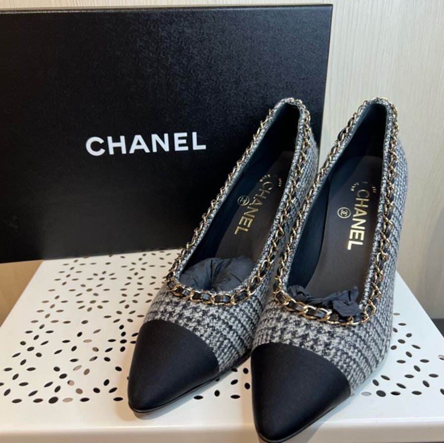 Chanel 全新 粗毛呢 皮穿鍊 氣質跟鞋-9