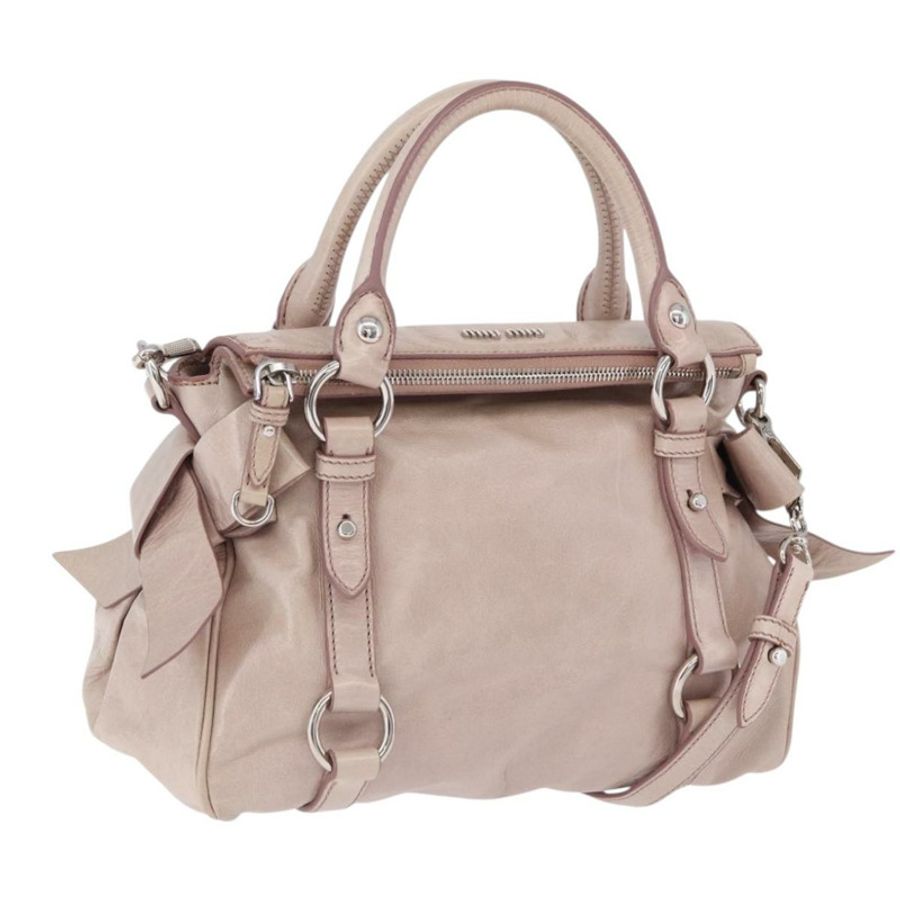 【日本直送】Miu Miu 側邊緞帶手提包 皮革 兩用 粉紅色 銀色 正品 bs36679V-0
