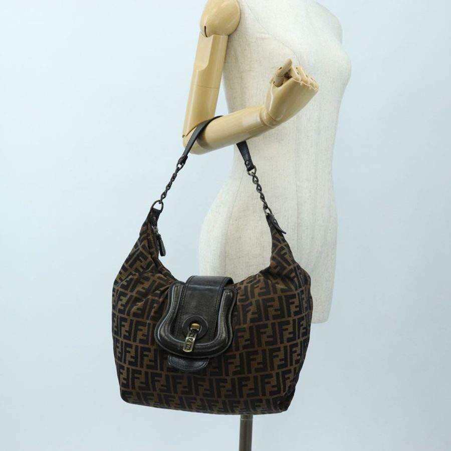 【日本直送】FENDI Zucca帆布鏈單肩包 黑色棕色 正品 187655V-24