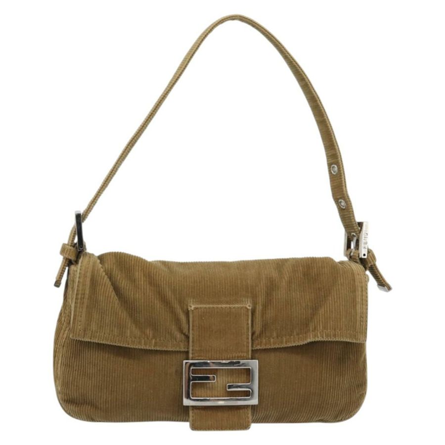 【日本直送】FENDI Mamma Baguette 肩背包 燈芯絨 米色 銀色 正品 193421V-12