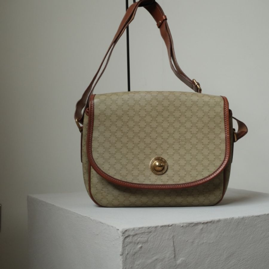 CELINE 1980s 絕版稀有 立體星球釦 Macadam 老花全皮內裡馬鞍包-0