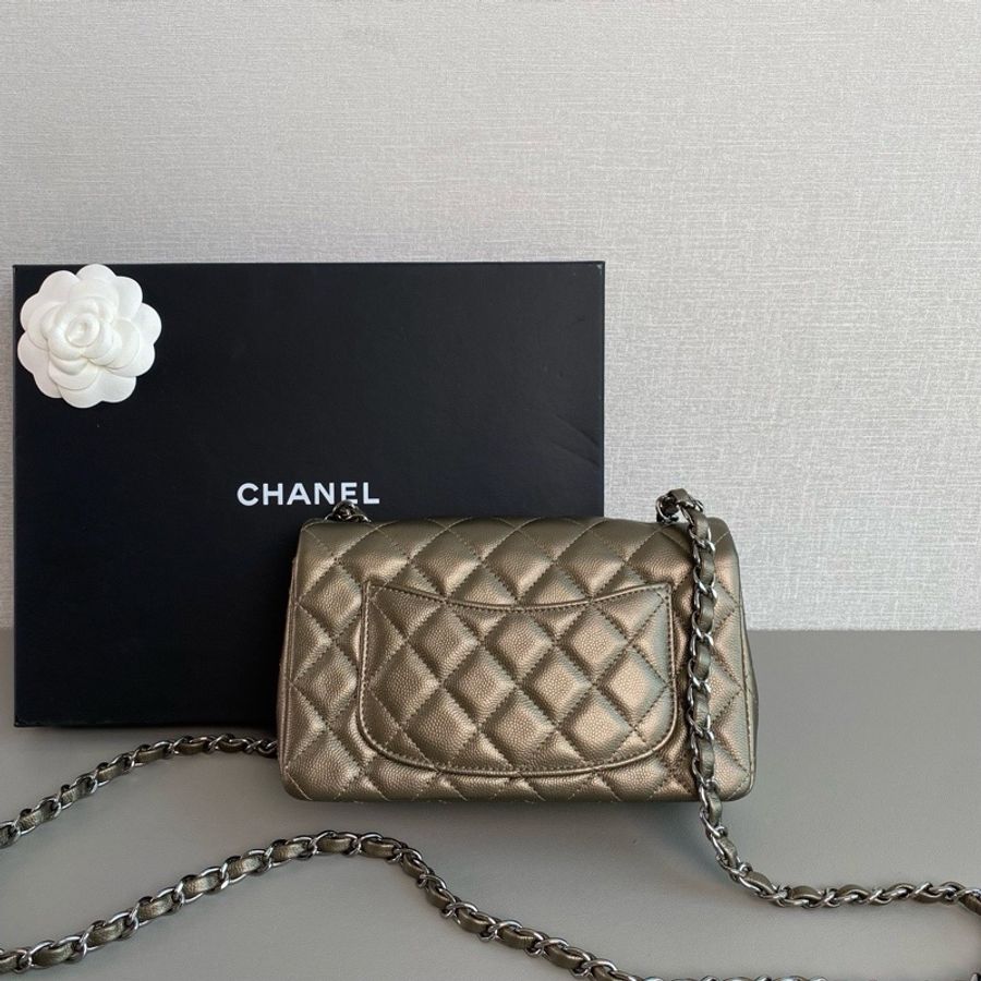 💎Chanel香奈兒| 金屬質感香檳色 荔枝皮銀扣 cf大mini|99新23開有卡-4