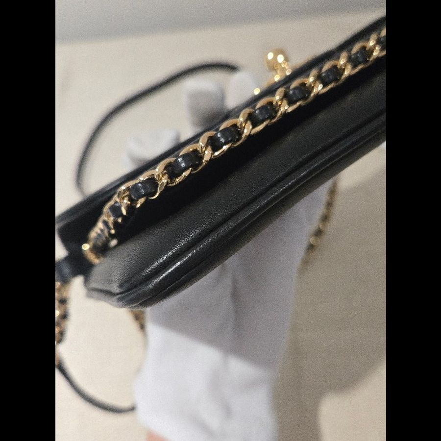 CHANEL 香奈兒 黑色 金釦 雙鍊飾邊斜背包 肩背包-12