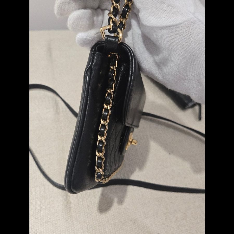 CHANEL 香奈兒 黑色 金釦 雙鍊飾邊斜背包 肩背包-16