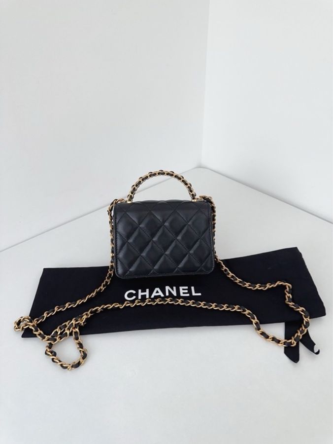 Chanel香奈兒🖤mini Kelly 22K 黑金手柄 菱格紋皮穿鏈手提單肩斜挎包 風琴包💗 98新✨芯片款 尺寸13×10×6-3