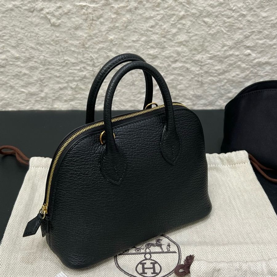 ❤️Hermes愛馬仕mini bolide黑色金扣山羊皮保齡球手提包單肩包斜挎包-5