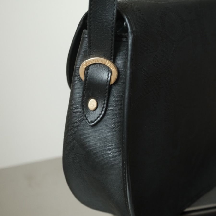 Dior Vintage Trotter 1970-1980s 經典黑老花塗層帆布金扣斜背/肩背包-5