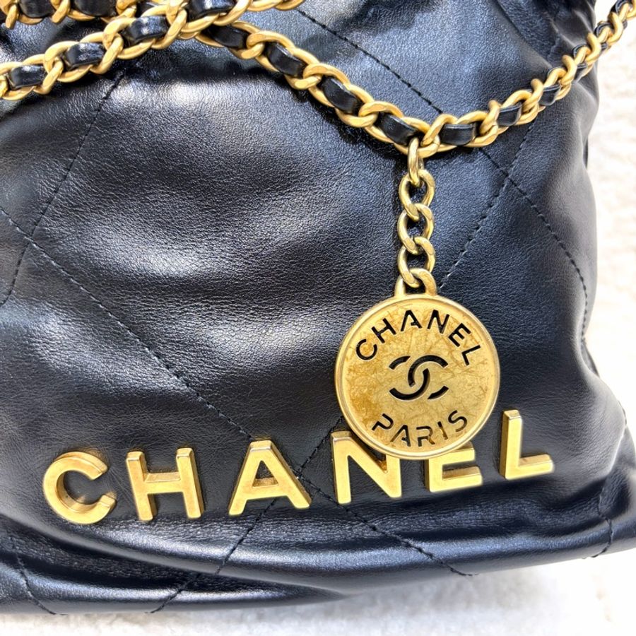 CHANEL黑色牛皮金釦MINI22迷你包AS3980-30