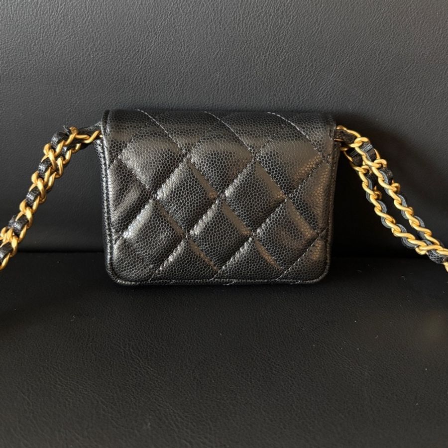 香奈兒 Chanel 22a黑金荔枝皮 金幣mini woc 芯片款-2