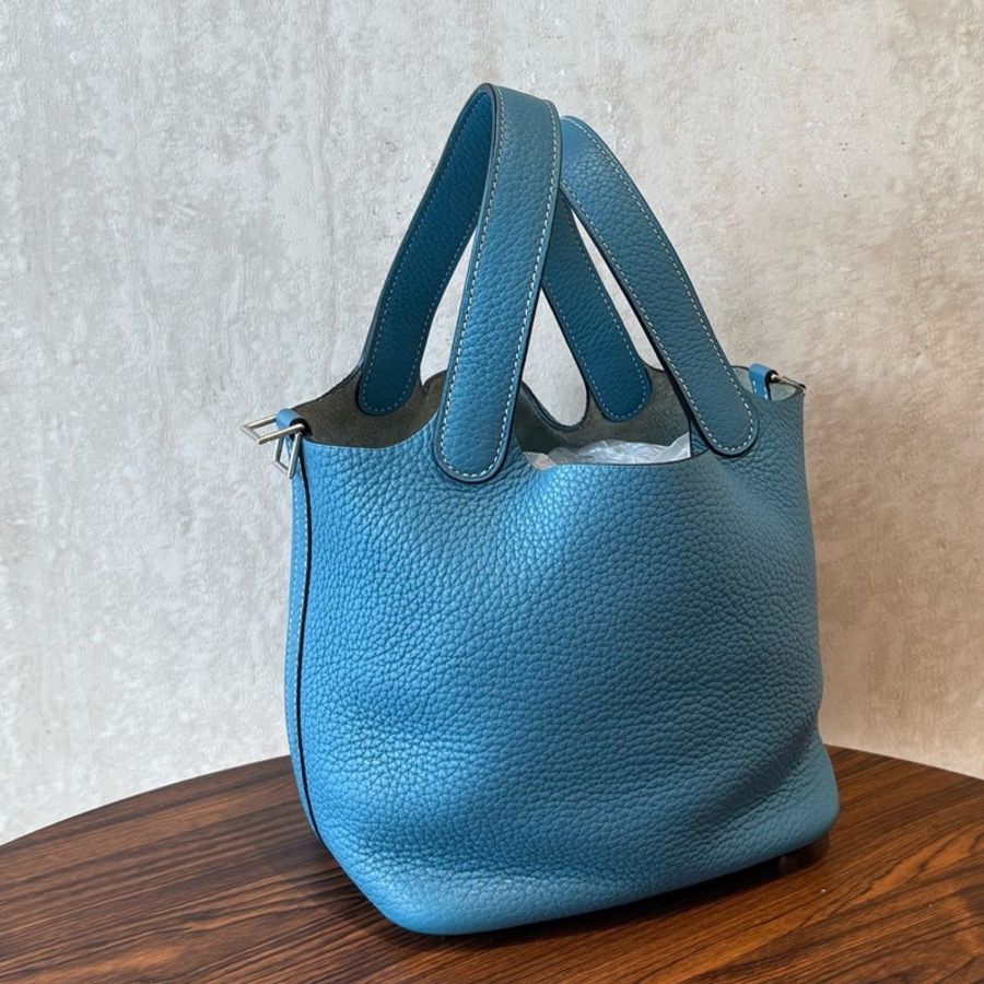HERMES 愛馬仕 Picotin18 水桶 牛仔藍 tc 銀扣 T刻 附件: 塵袋 鑰匙 鎖-5