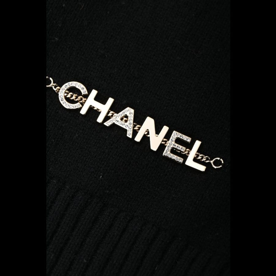 Chanel 22B黑色山羊绒针织满钻字母logo套头毛衣上衣外套-3
