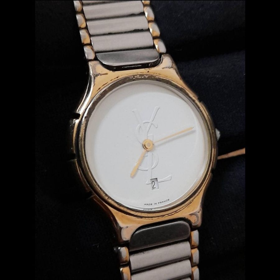 Yves Saint Laurent 正版絕版 稀有古董錶 日期顯示 鍍金 日本水銀電池 生活防水 可正常使用 中性石英錶 手圍19公分 請看商品敘述-20