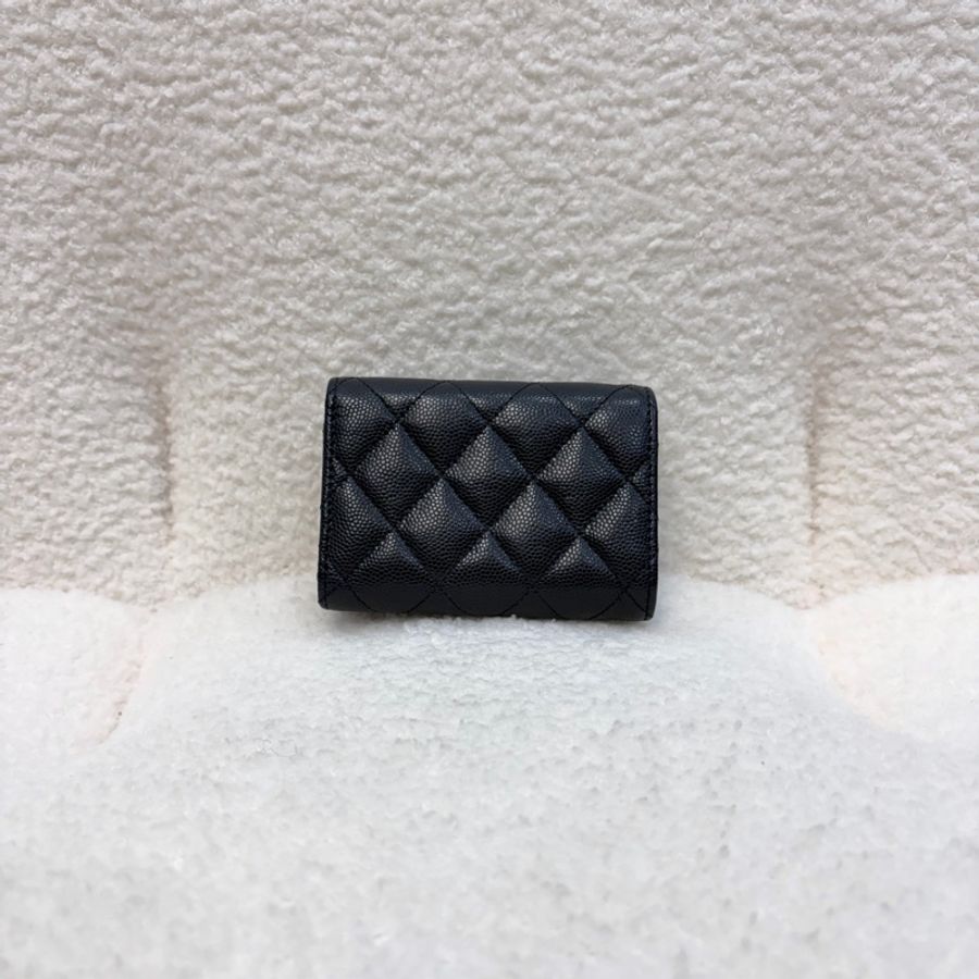 CHANEL黑色白琺瑯釦19粒紋牛皮MINI三折短夾AP3177-10