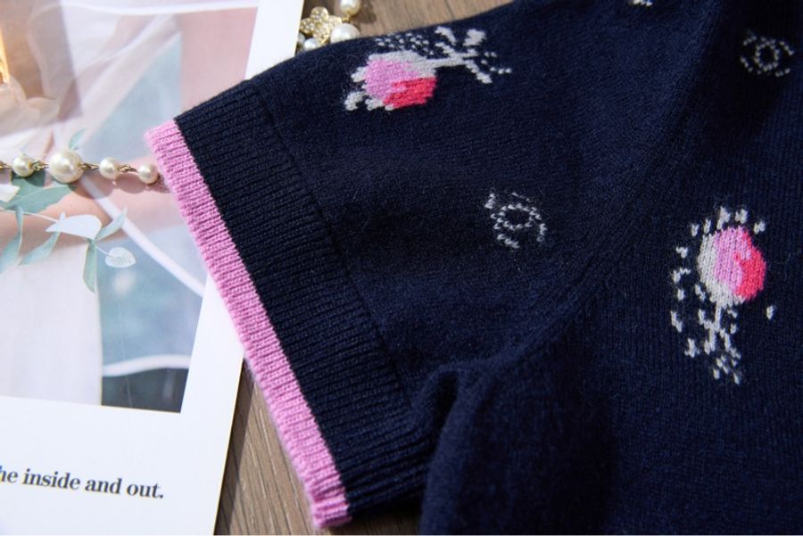 CHANEL 藏青粉滾邊花卉提花山羊絨短袖開衫 Size36-6