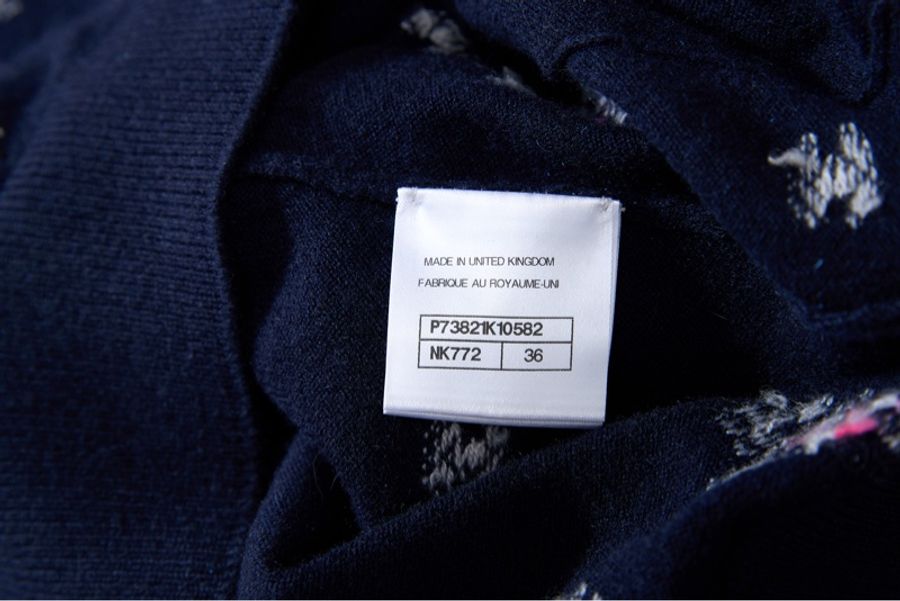 CHANEL 藏青粉滾邊花卉提花山羊絨短袖開衫 Size36-8