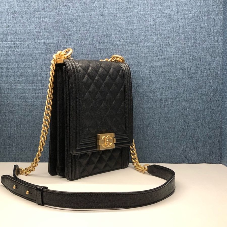 Chanel香奈兒黑金荔枝紋牛皮竪版Leboy單肩斜挎-2