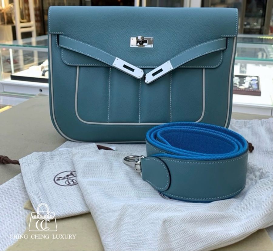 🌈Hermes🩵Berline 28🩵藍色內拼灰色銀扣🌈有單🩵99新🌟Evercolor皮🌟berline28🌟berline🌟愛馬仕🌟-4