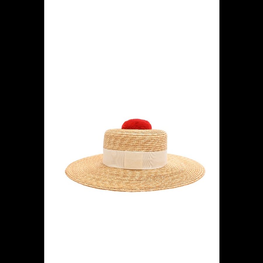 Chanel 19年红色装饰球编织草帽遮阳帽-1