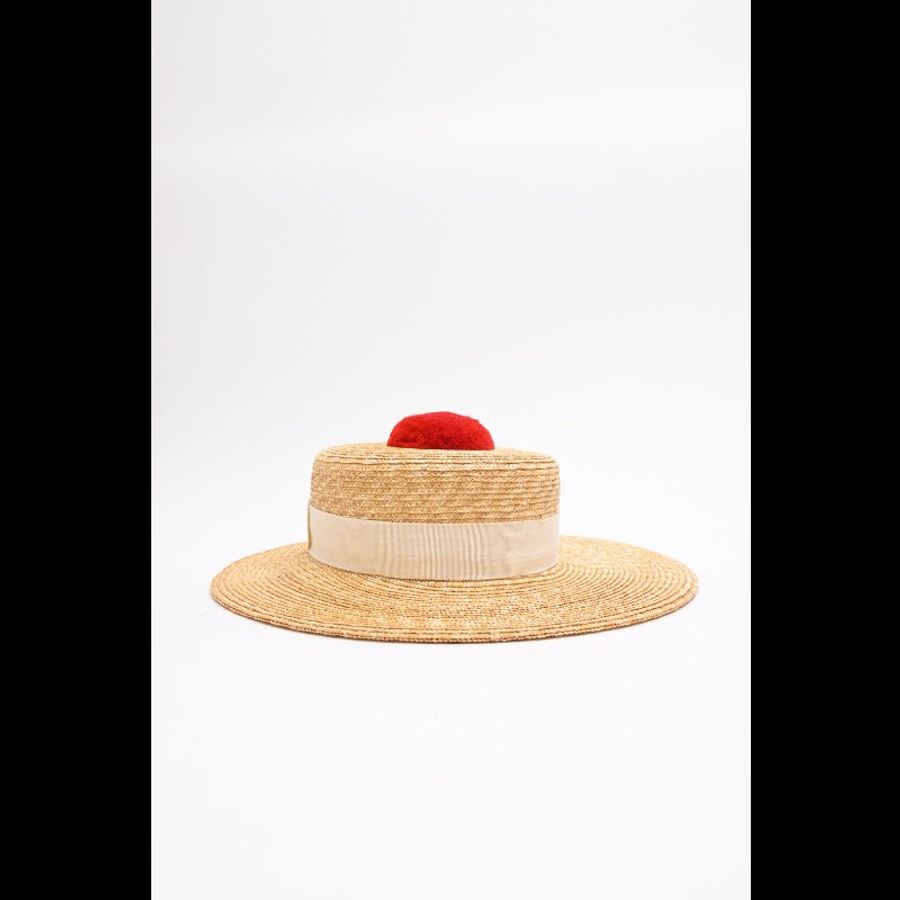 Chanel 19年红色装饰球编织草帽遮阳帽-2