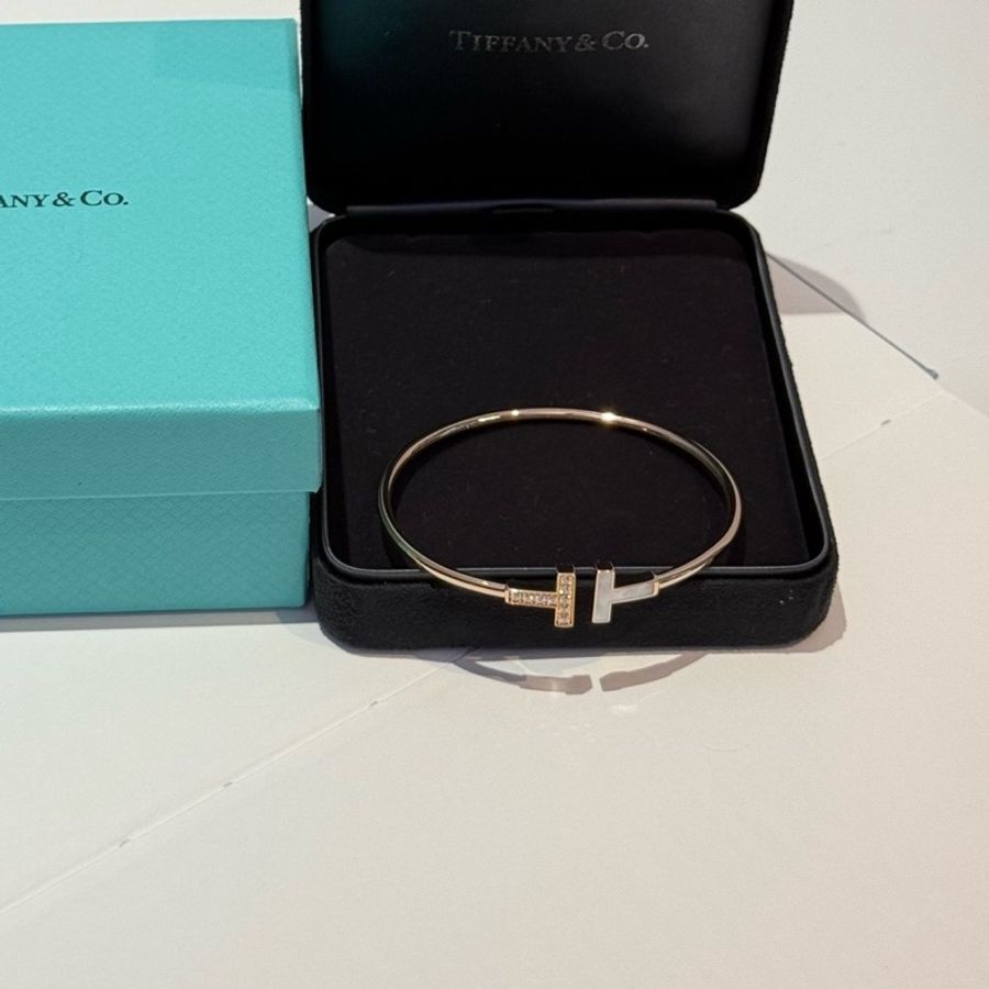 Tiffany 蒂芙尼雙t貝母半鑽手鐲 玫瑰金 小u 中號 帶盒-0