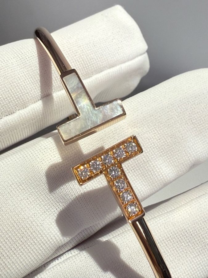 Tiffany 蒂芙尼雙t貝母半鑽手鐲 玫瑰金 小u 中號 帶盒-3