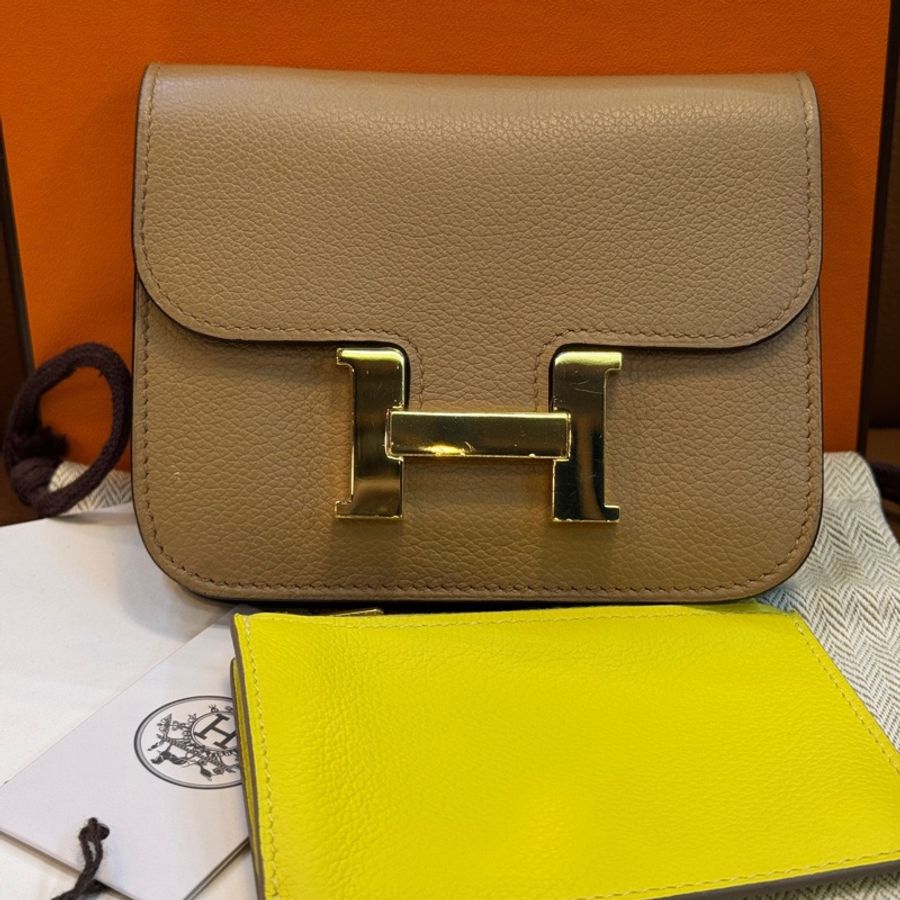 Hermes • 經典Constance 奶茶色金釦Slim錢包 全配🈶盒-3