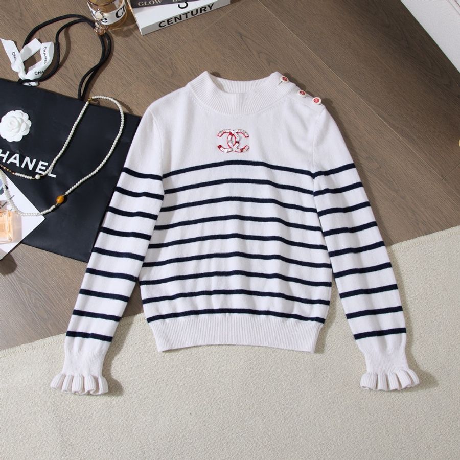 Chanel 22FW秋冬系列白藍橫紋針織上衣 Size36-5