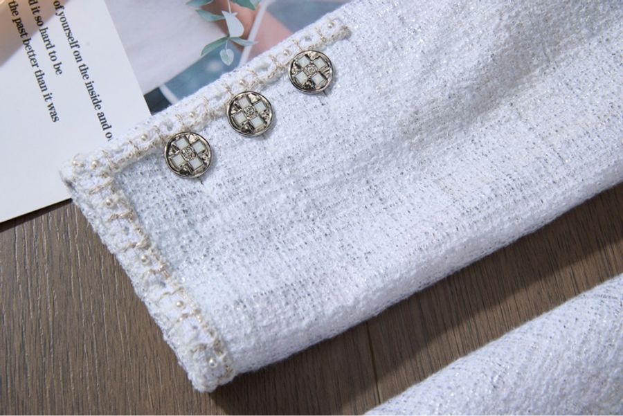 Chanel 23SS春夏系列米白閃絲粗花呢收腰長外套 Size40-6