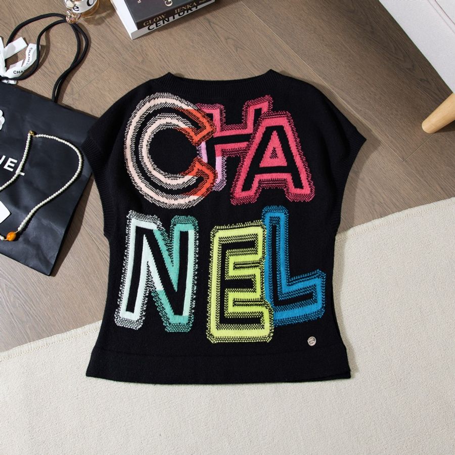 Chanel 21SS春夏系列後背彩虹撞色字母山羊絨無袖背心 Size38-0