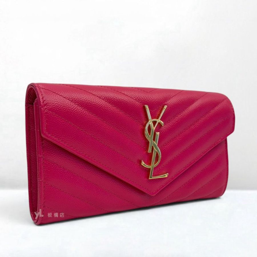 S5399-YSL 桃粉色荔枝皮下蓋信封長夾-3