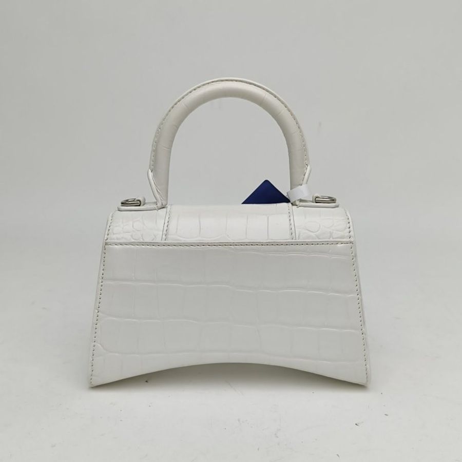 BALENCIAGA 鱷魚壓紋Hourglass沙漏手袋銀扣白色牛皮革肩背包-2