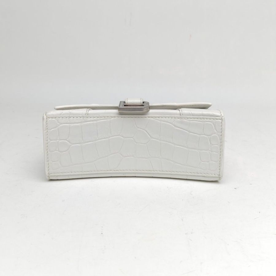 BALENCIAGA 鱷魚壓紋Hourglass沙漏手袋銀扣白色牛皮革肩背包-4