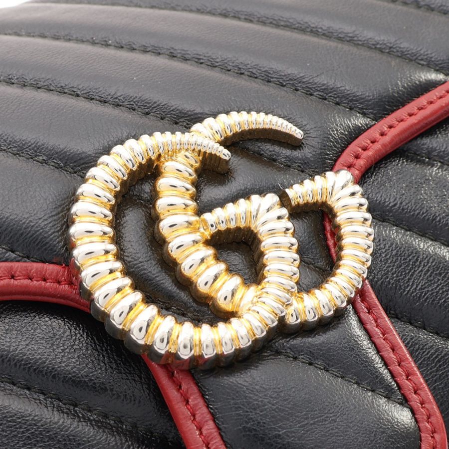 GUCCI 古馳 GG Marmont 絎縫 小號 肩背包 黑/紅色 牛皮 443497-7