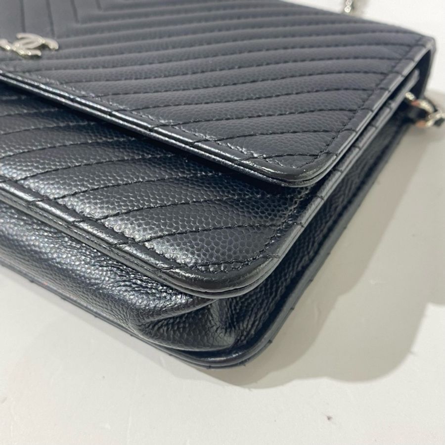 Chanel 香奈兒 黑銀v紋woc 荔枝牛皮 22開 ss-6