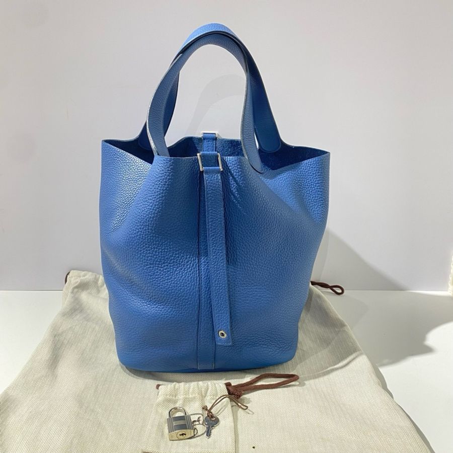 Hermes 愛馬仕 菜籃子26瑪瑙藍銀扣 x刻,有鎖鑰匙-0