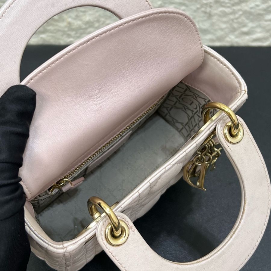 Dior迪奧Lady戴妃三格珠光粉金扣小號鏈條包單肩手提斜挎包-6