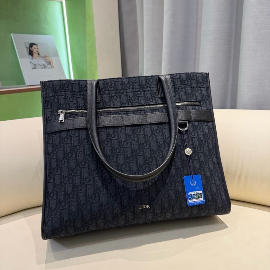 DIOR迪奧 新款Safari黑色老花刺繡滿印Oblique提花拼粒面手提托特包 尺寸長39cm 寬14cm 高35cm-0