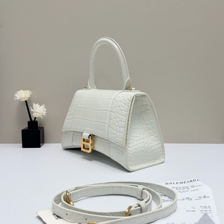 Balenciaga 巴黎世家 沙漏包 白金小號鰐壓紋手提包斜挎包,-3