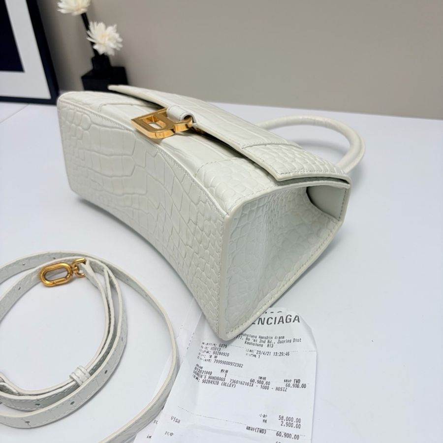 Balenciaga 巴黎世家 沙漏包 白金小號鰐壓紋手提包斜挎包,-5