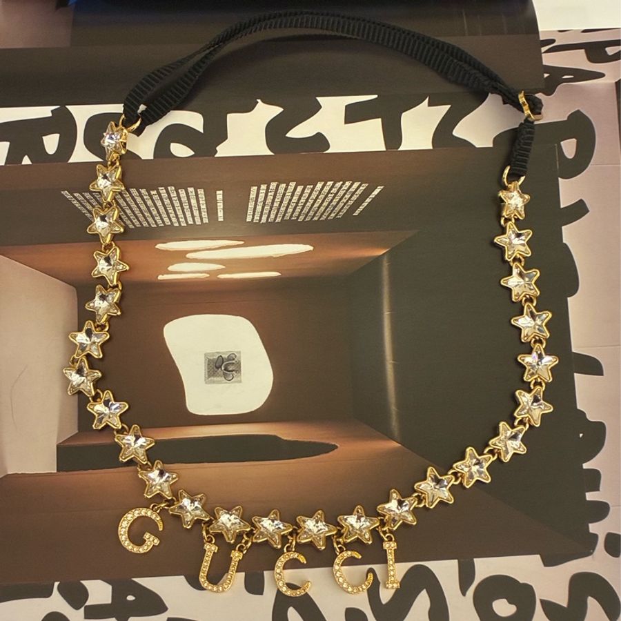 Gucci 金鑽星星字母logo黑織帶項鍊✨✨-0