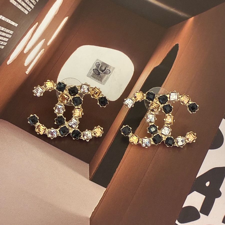 Chanel 黑/橘/銀鑽雙C耳環 🎀🎀-0