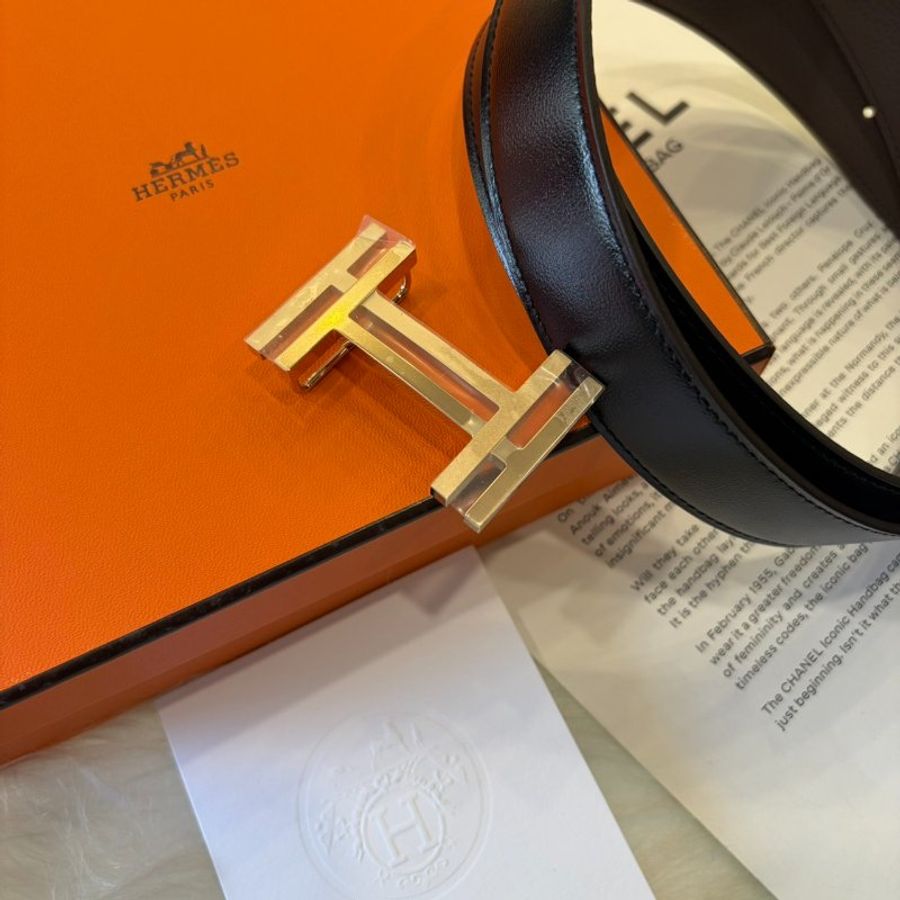 HERMES Hau Carre 小牛皮雙面雙色皮帶 90CM 黑/灰-0