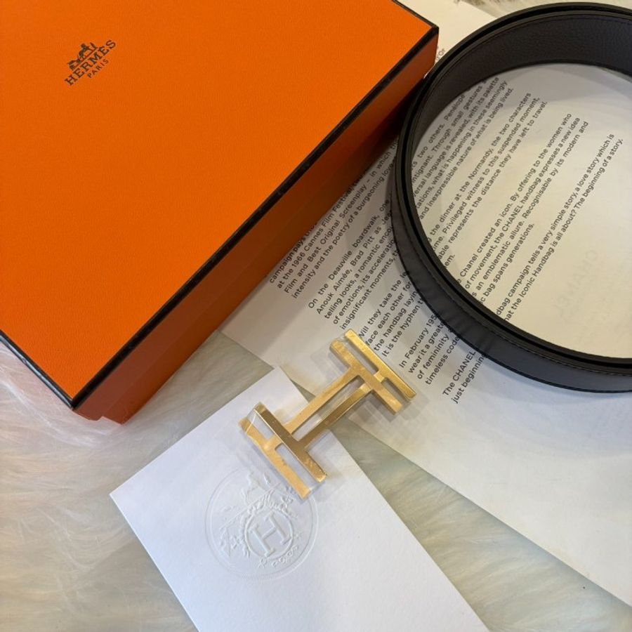 HERMES Hau Carre 小牛皮雙面雙色皮帶 90CM 黑/灰-2