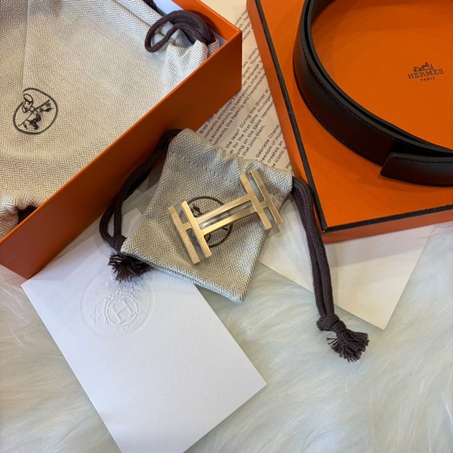 HERMES Hau Carre 小牛皮雙面雙色皮帶 90CM 黑/灰-5