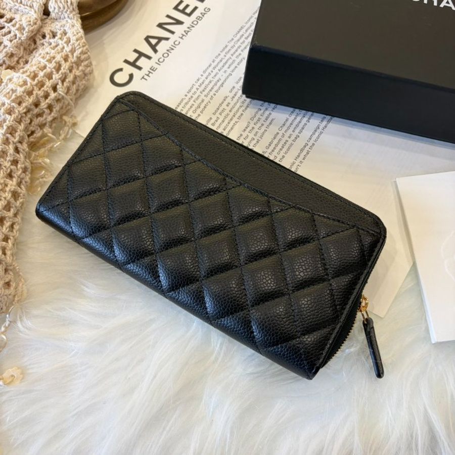 CHANEL 牛皮金釦拉鏈長夾 黑色-1