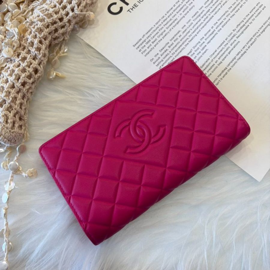 CHANEL 牛皮格紋對開長夾 桃粉-0