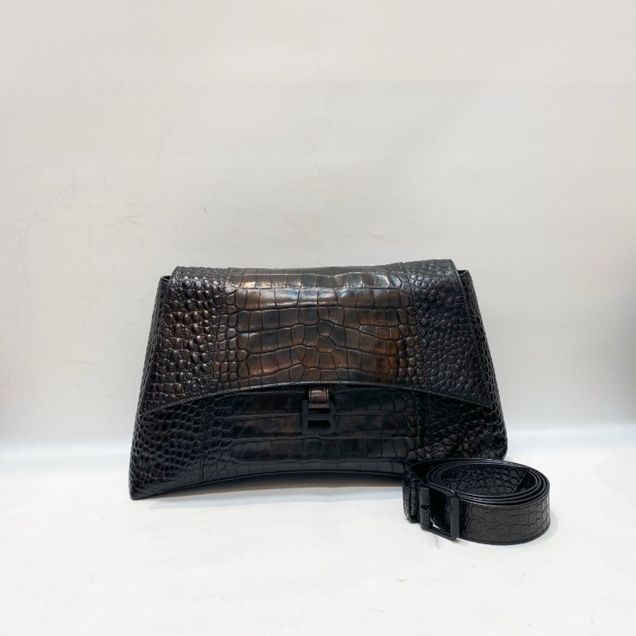 BALENCIAGA巴黎世家DOWNTOWN鳄鱼压纹牛皮全黑soblack大号斜挎包40*14*22-0