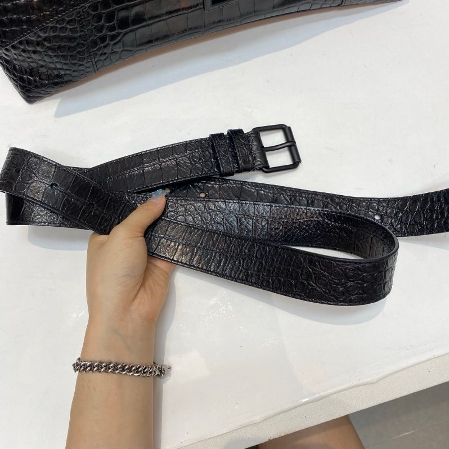 BALENCIAGA巴黎世家DOWNTOWN鳄鱼压纹牛皮全黑soblack大号斜挎包40*14*22-10
